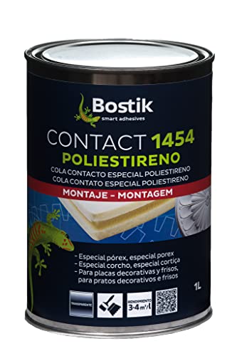Bostik, Cola de Contacto Especial Poliestireno, Expandido y Rígido, Todo tipo de soportes, Contact 1454, Translúcido, Bote de 1 L